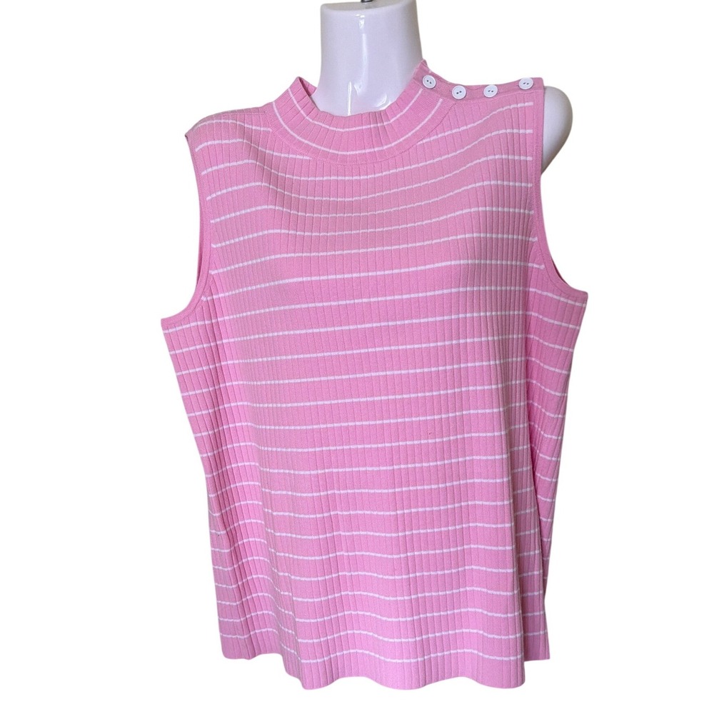 Talbots Plus Pink Shirt 1X White Striped Sleeveless Mock Neck Button Shoulder - Picture 1 of 9